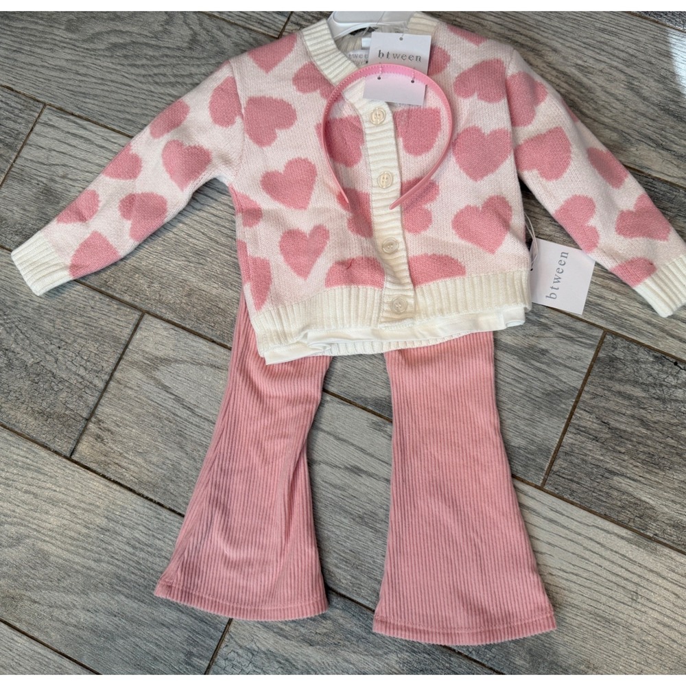 Btween Cardigan Flare Pants Headband Set 3T Girls Heart 3 pc NWT‎ Outfit Toddler